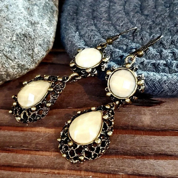 Victorian Style Antique Brass Teardrop Earrings - Picture 5 of 7
